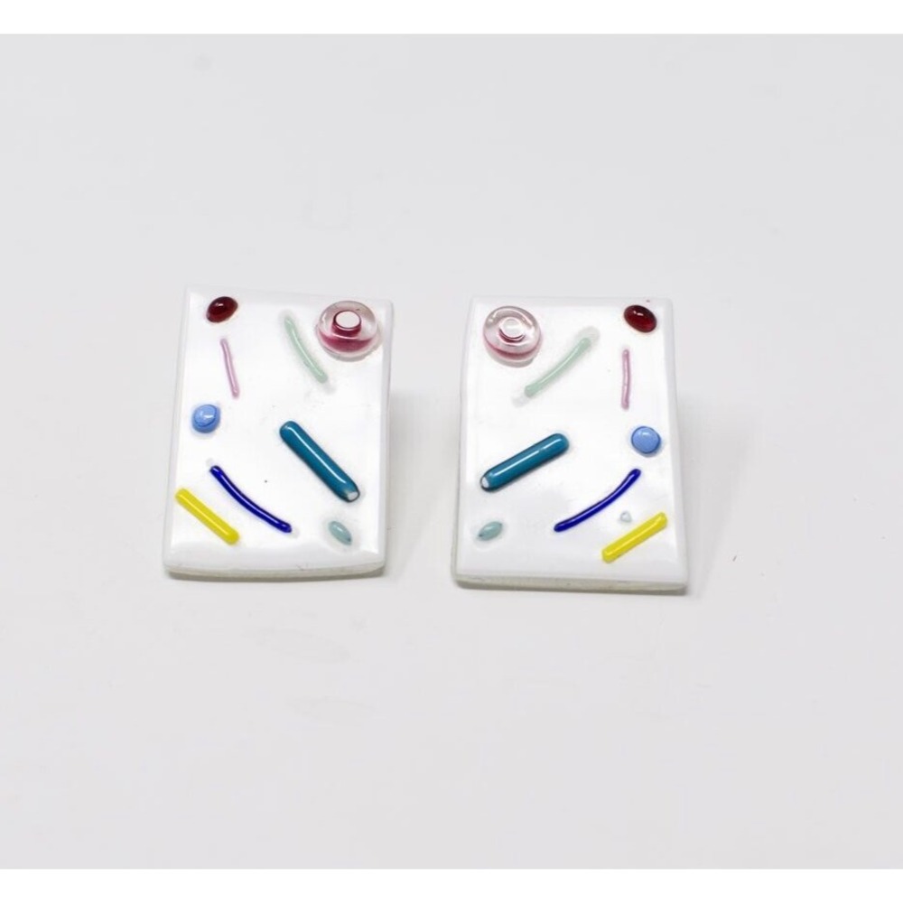 Handmade art glass tile rectangle earrings fun colorful art to wear